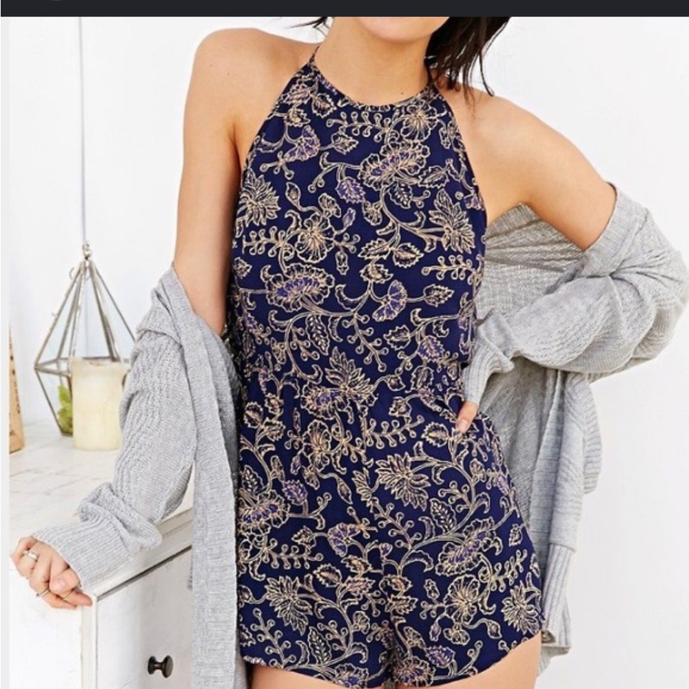 Urban Outfitters Navy Floral Lace-Trim Romper with Cream Print